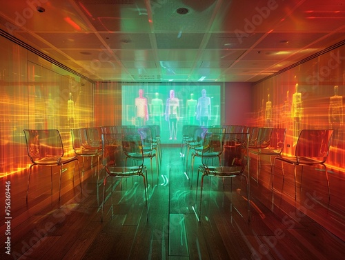Physical meeting rooms filled with chairs face off against holographic attendees in virtual spaces © kitidach