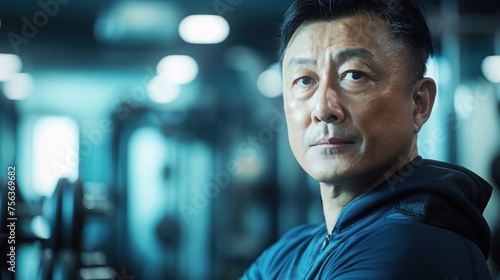 Determined Asian sports coach exudes competence in blue attire. Ideal for coaching, motivation, and sports leadership visuals