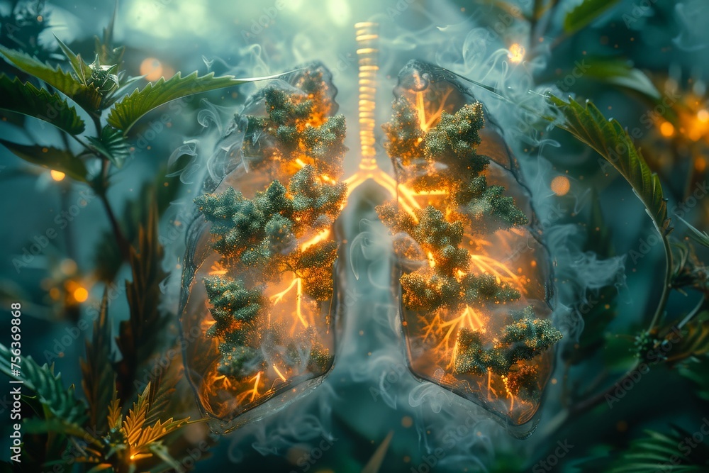 smoke lung with marijuana, lighting signal medic health - obrazy, fototapety, plakaty 