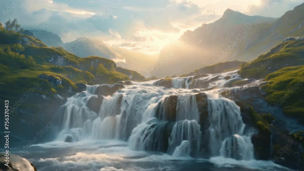 A large waterfall with a stunning landscape with beautiful waterfalls and a beautiful morning sky lit up by a beautiful sunrise. A large waterfall with a stunning landscape with beautiful waterfalls and a beautiful morning sky lit up by a beautiful sunrise.