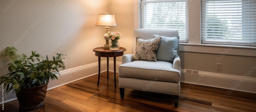 Fototapeta premium Comfortable chair in spacious well-lit living area.