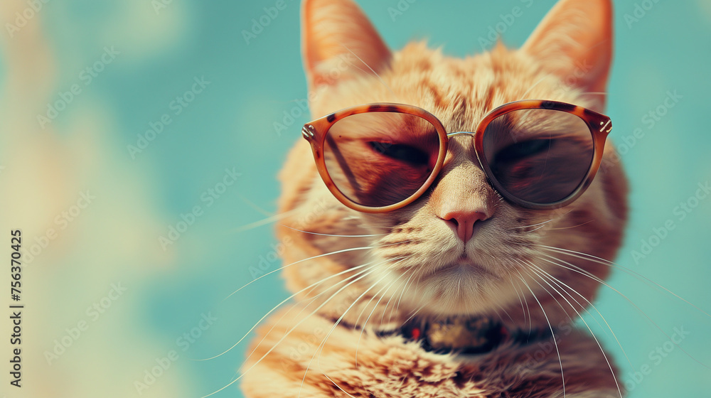 Funny Ginger Cat with Sunglasses Isolated on Blue Background in Sepia Tones - Cute Closeup Animal Portrait. Copyspace