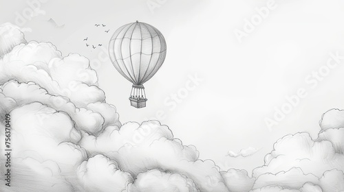 Balloon. Abstract, doodle, balloon, cloud, airship, around the world, travel, steampunk, flight, sky, air, holiday, height, gas, helium, children, fly, balloon. Generated by AI