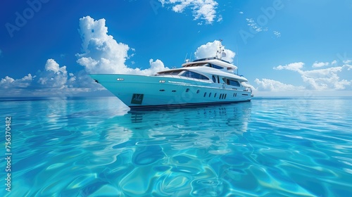 White yacht in sea on a blue background. Generative AI. © visoot