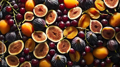 Sliced figs and apricots. Fresh  sliced  figs  apricots  fruit  colorful  arrangement  appetizing  delicious. Generated by AI