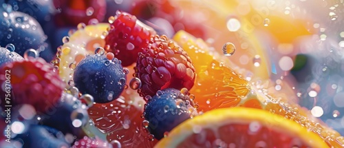 close up of colorful paint fruits still life with water drop