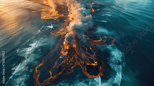 Oil spill in the ocean from above. Generative AI. photo