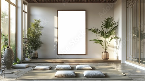 A serene 3D render for wellness and meditation art in a modern yoga studio with calming poster frame mockup, minimalist ambiance.