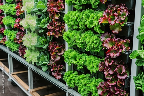 Vertical shelves with small plastic pots with lettuce and plants for consumption in a sustainable hydroponic greenhouse