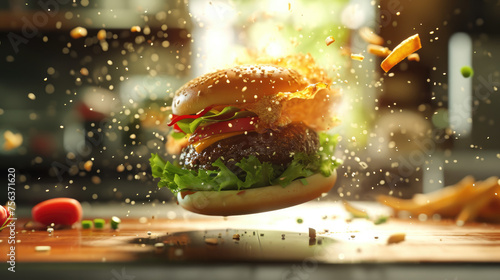A burger is exploding in the air, with fries and other food flying out of it photo