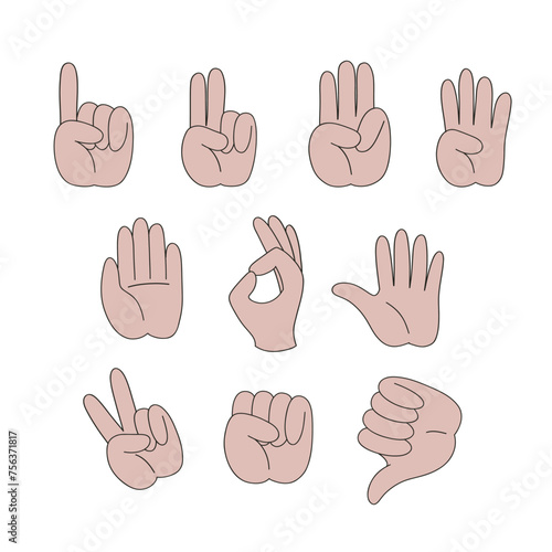 Human hand one to five counting fingers gestures vector illustration set isolated on white. Groovy hand drawn back to school education print collection.
