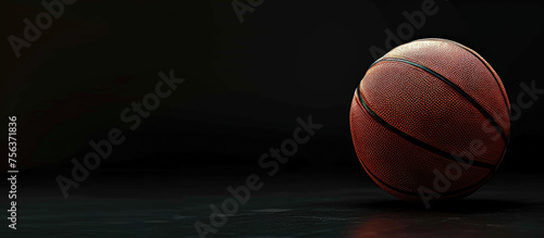 A basketball with a shiny surface is sitting on a dark background © kiatipol