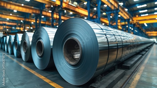 Rolls of galvanized steel sheet, steel sheet rolls, Rolled steel coils in a warehouse of a metal factory. Generative AI.