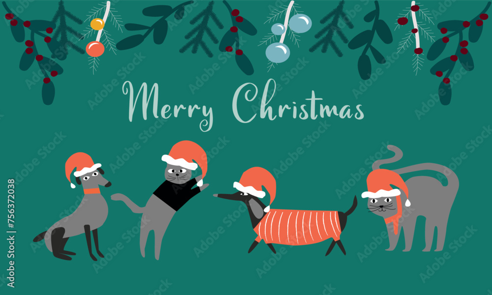 Merry Christmas and Happy New Year Greeting Card Vector illustration. Cute dogs and cat in Christmas pet costum Merry Christmas and Happy New Year Greeting Card Vector illustration. Cute dogs and cat in Christmas pet costum