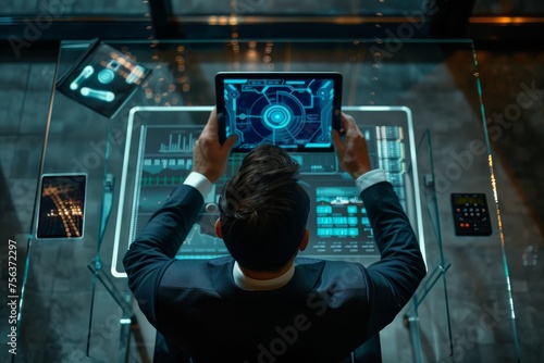 An overhead shot of a businessman using a futuristic touchscreen interface on a tablet device while sitting at a sleek
