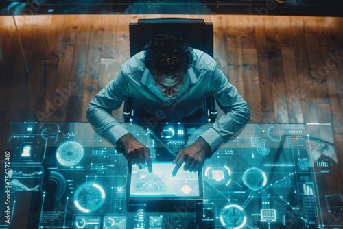 An overhead shot of a businessman using a futuristic touchscreen interface on a tablet device while sitting at a sleek