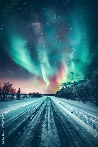 Aurora Borealis dances over a snowy prairie, casting green and red hues against the winter night sky, with snow-covered trees lining the road. © Pierre