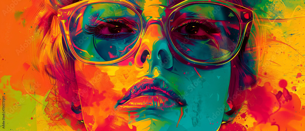 A vibrant portrait of a woman in sunglasses against a psychedelic, neon-colored swirl background, reflecting a fusion of retro and modern styles.