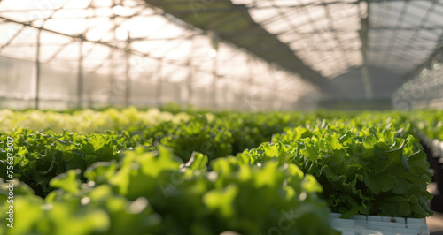 A greenhouse filled with green plants, including lettuce