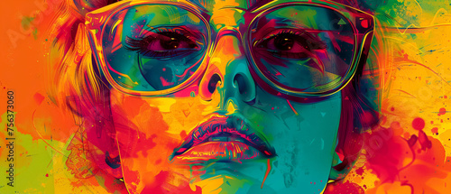A vibrant portrait of a woman in sunglasses against a psychedelic, neon-colored swirl background, reflecting a fusion of retro and modern styles. © Paphawin