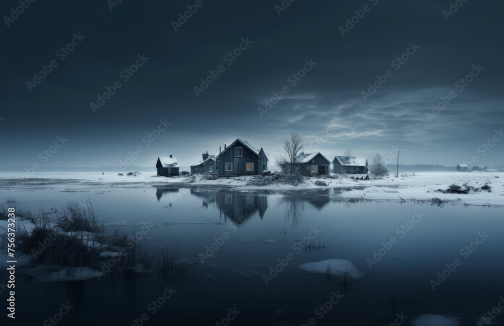Small village sits on frozen lakeside, cold weather conditions
