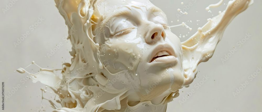 Naklejka premium Close-up of a white sculpture capturing a woman's face with a surreal, flowing liquid texture, creating a visually striking and contemporary piece of art.