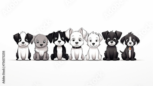 cartoon dogs sitting in a row isolated on a white background, sketch black and white style thin outline, layout for children's coloring book