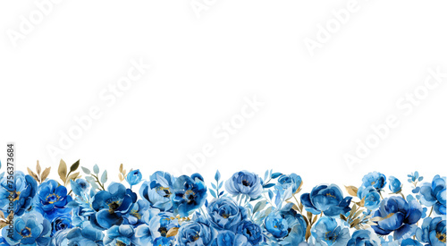 Watercolor blue flowers banner. A strip of bouquets of flowers in a row. Banner for invitations, wedding designs, etc. Watercolor botany. Vector illustration.