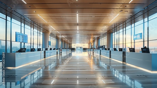 The front desk of the high-speed rail station is equipped with multiple glass windows and desks. Generative AI.