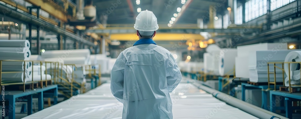 Worker in the pulp and paper plant background working conditions . Concept Pulp and Paper Industry, Worker Conditions, Factory Environment, Industrial Safety, Production Processes - obrazy, fototapety, plakaty 
