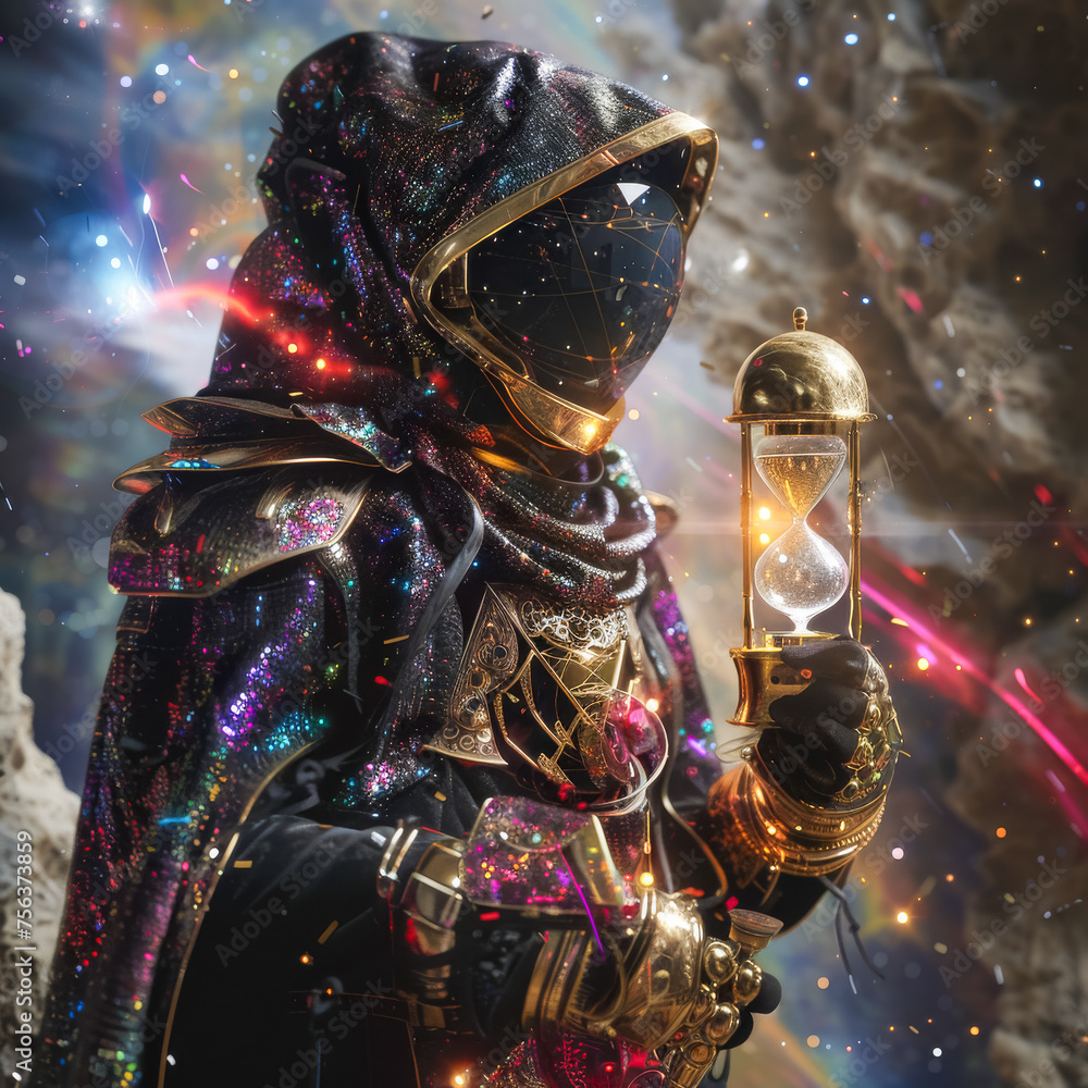 Encounter a cosmic chronomancer with a cosmic hourglass  manipulating cosmic time and cosmic events with cosmic precision. hyper-realistic