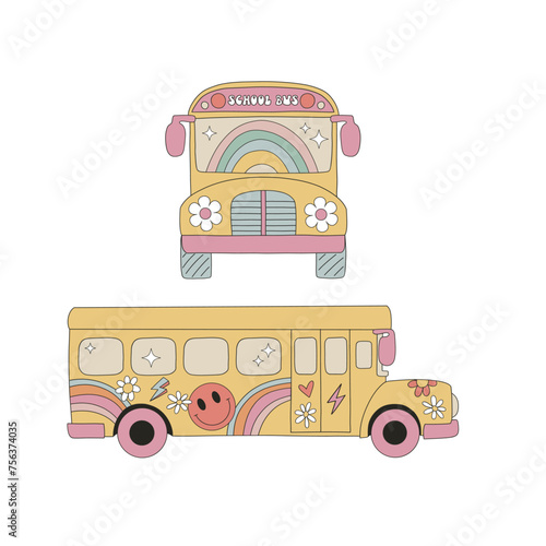 Groovy hippie yellow schoolbus with flowers rainbows smiling faces vector illustration set isolated on white. Retro hand drawn flower power back to school print collection.