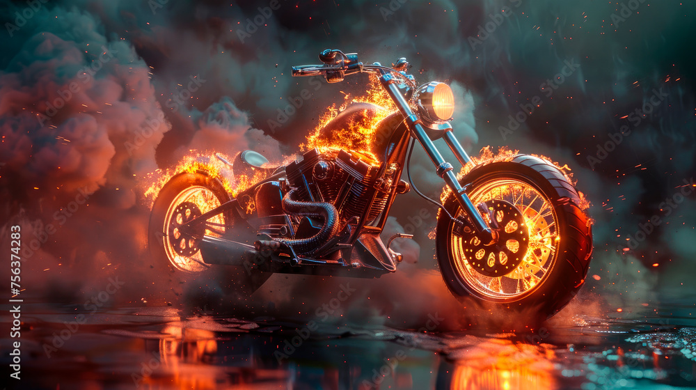 Chopper bike engulfed in fierce orange flames and smoke.
