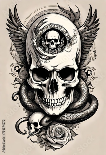 t-shirt design hand drawn. intricate black and white illustration of a vintage flash art tattoo of a skull, eagle and snake