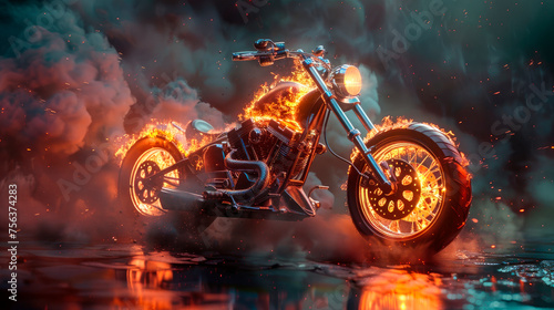 Chopper bike engulfed in fierce orange flames and smoke.