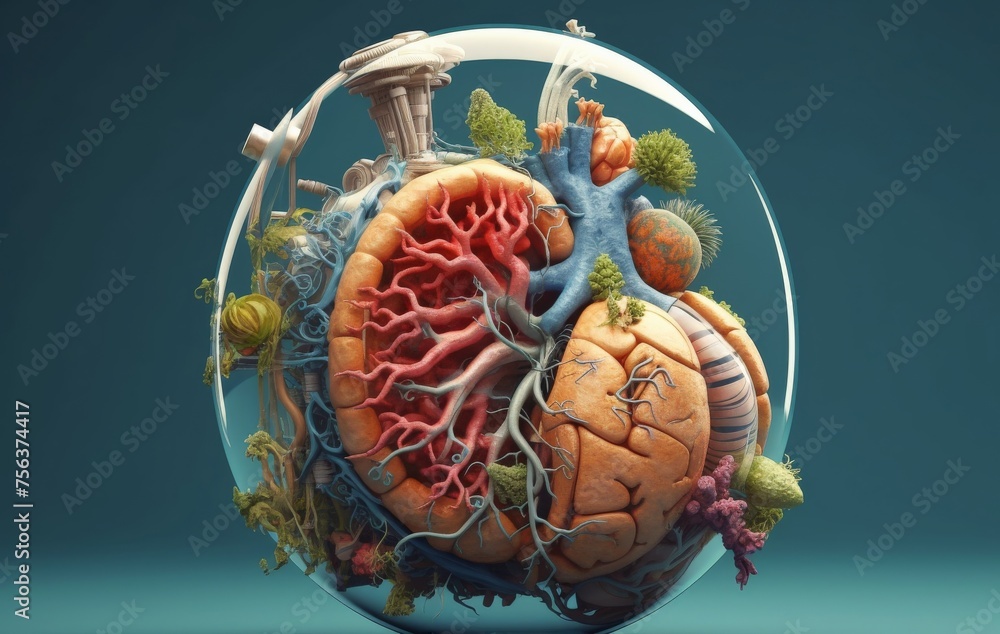glass bowl, illustration human organs 3d art