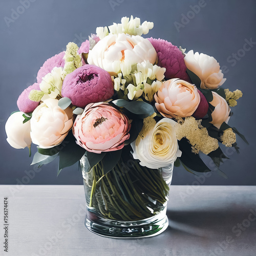Floral Elegance. A vibrant bouquet of spring flowers arranged in a stylish vase photo