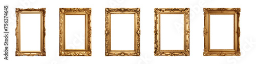 Collection of antique gold picture rectangular frames isolated on a transparent background, PNG photo