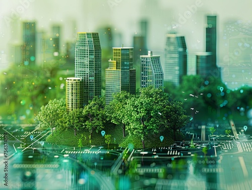 Eco-Friendly Urban Landscape with Green Technologies A conceptual urban landscape merging lush greenery with smart city buildings, highlighting eco-sustainability and innovation. 