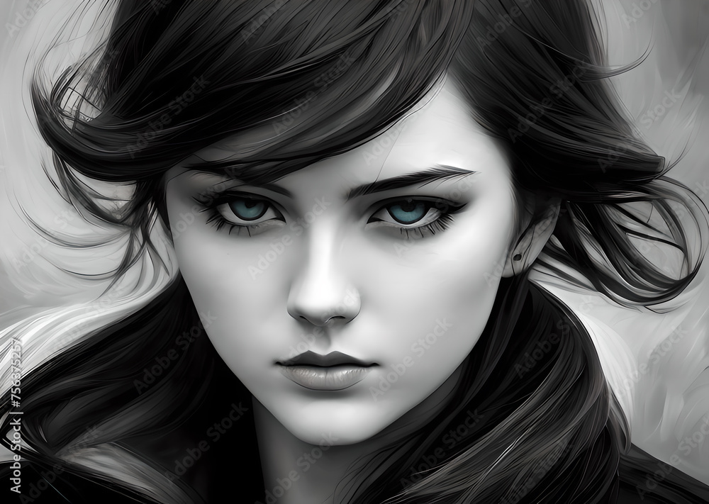Portrait of a girl black and white style, Atmospheric beautiful setting, epic, fantasy Generative AI Portrait of a girl black and white style, Atmospheric beautiful setting, epic, fantasy Generative AI