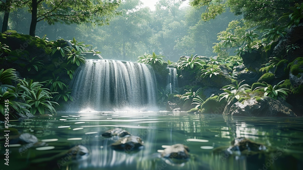 Fototapeta premium A waterfall in a lush forest setting. Generative AI.