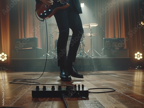 electric guitar pedals in a real context. Guitarist on stage of a concert