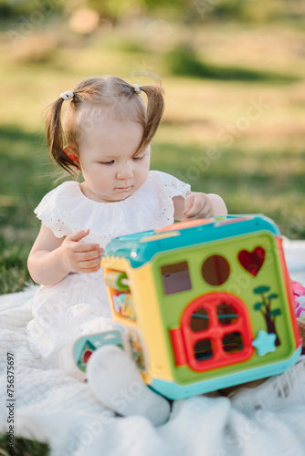 Funny child playing toys in field at sunset. Cute baby girl sitting on blanket on green grass in park. Summer portrait of beautiful daughter in nature. Concept of family picnic, spring time together. © Serhii