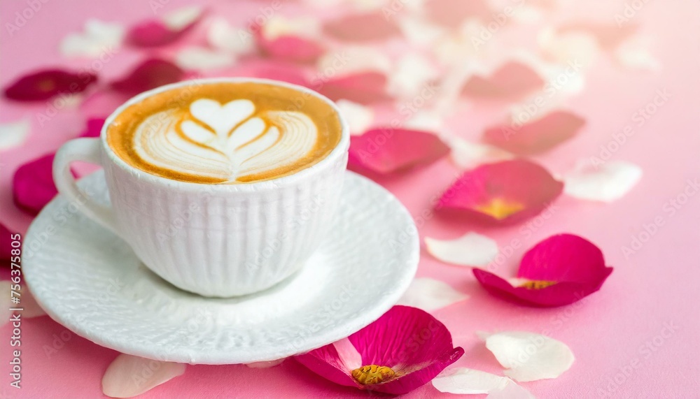 Delicious cup of coffee with hearts, surrounded by flower petals on a pink background.