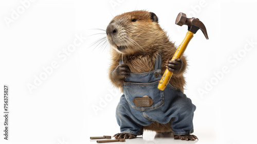 A whimsically dressed beaver in a denim jacket and cap holding a hammer, humorously portrayed as a skilled handyman. photo