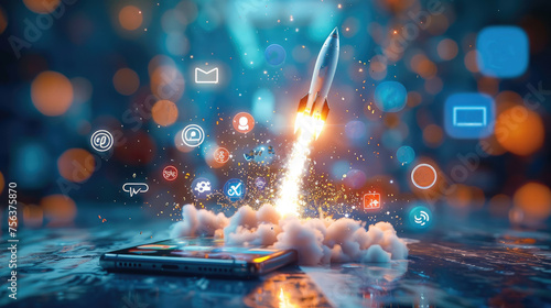Social media symbols fly everywhere as a rocket shoots from a smartphone. Generative AI. photo
