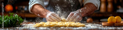 Panoramic banner with an artisanal pasta preparation on wooden kitchen counter
