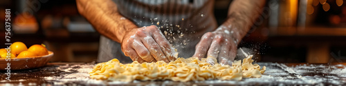 Panoramic banner with an artisan chef handcrafting fresh pasta