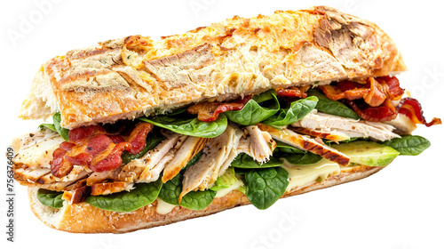 Turkey, avocado, and bacon sandwich with spinach on a ciabatta roll, isolated on a transparent background