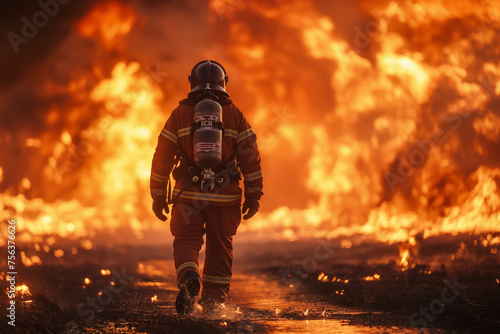 A firefighter walks towards a massive blaze, fully geared and ready for action